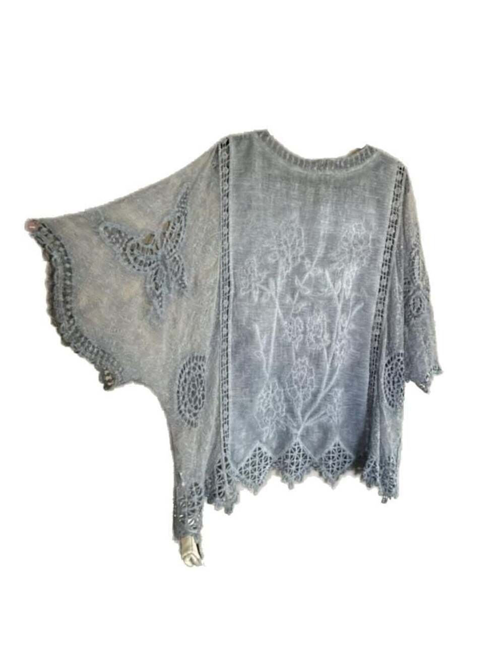 Kindred Plus Size Blue Embroidered Lace Trim Kimono Sleeve Blouse, 3X - Picture 4 of 9